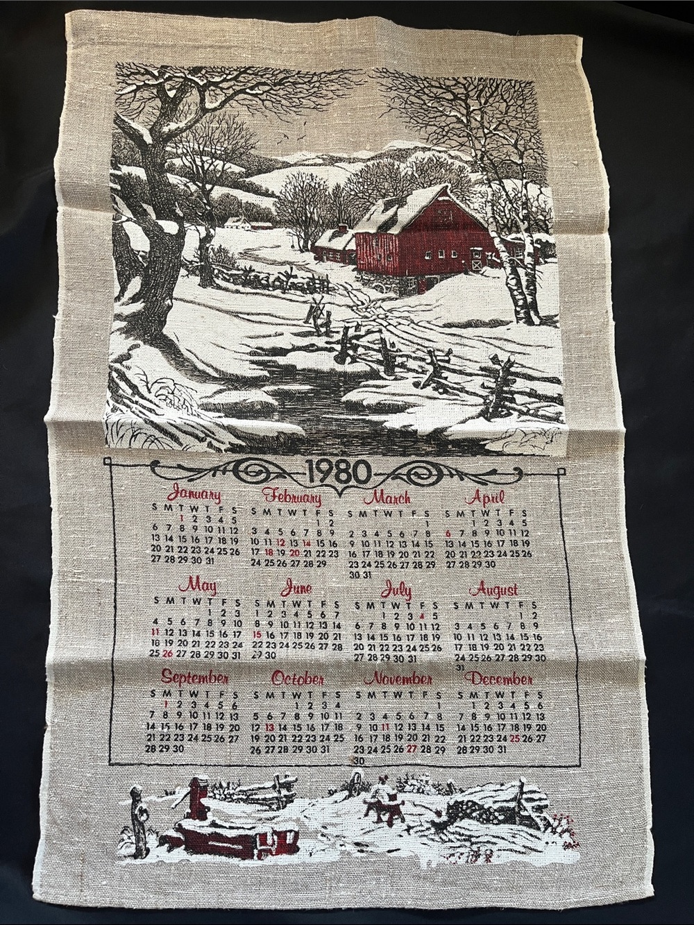 Vtg 1980 Linen Calendar Towel Winter Farm Country Barn Snow Cottage Granny Core